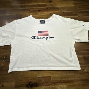 Champion Women M Crop Top Short Sleeve Crew Neck White Spell‎ Out Flag USA
